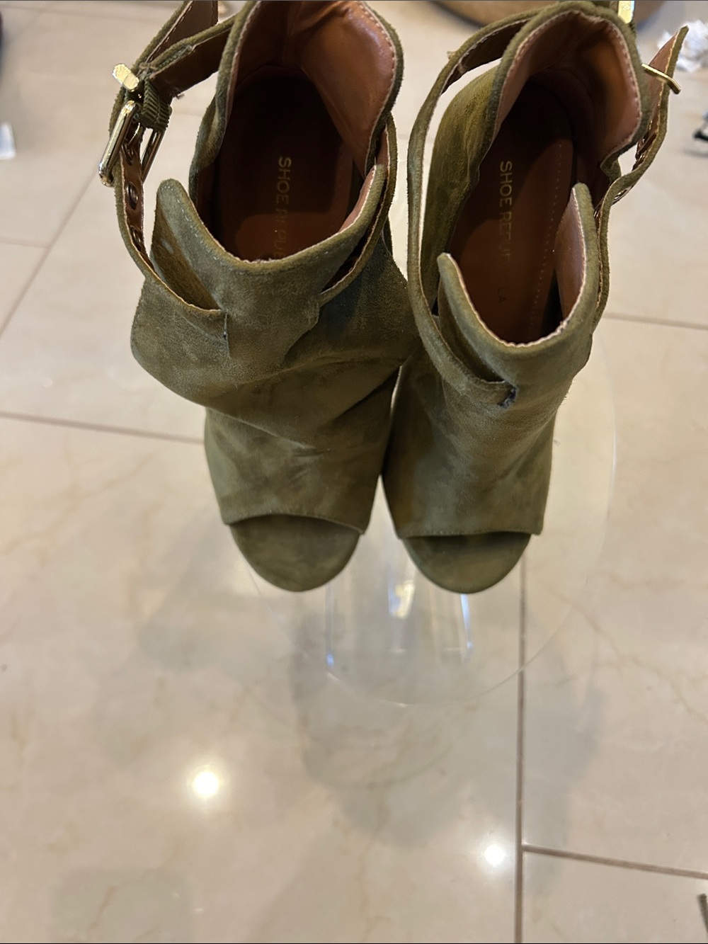 NWOT Shoe Republic LA Olive Green Suede Peep-Toe Mules